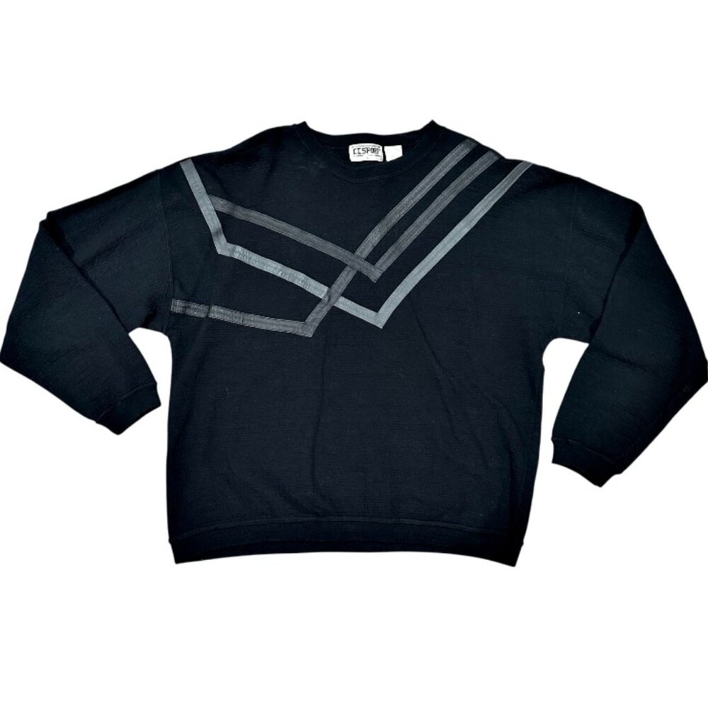 VTG 80s Mens Sweater Size L Black Leather Trim Accents MOTO Biker Rocker Punk
